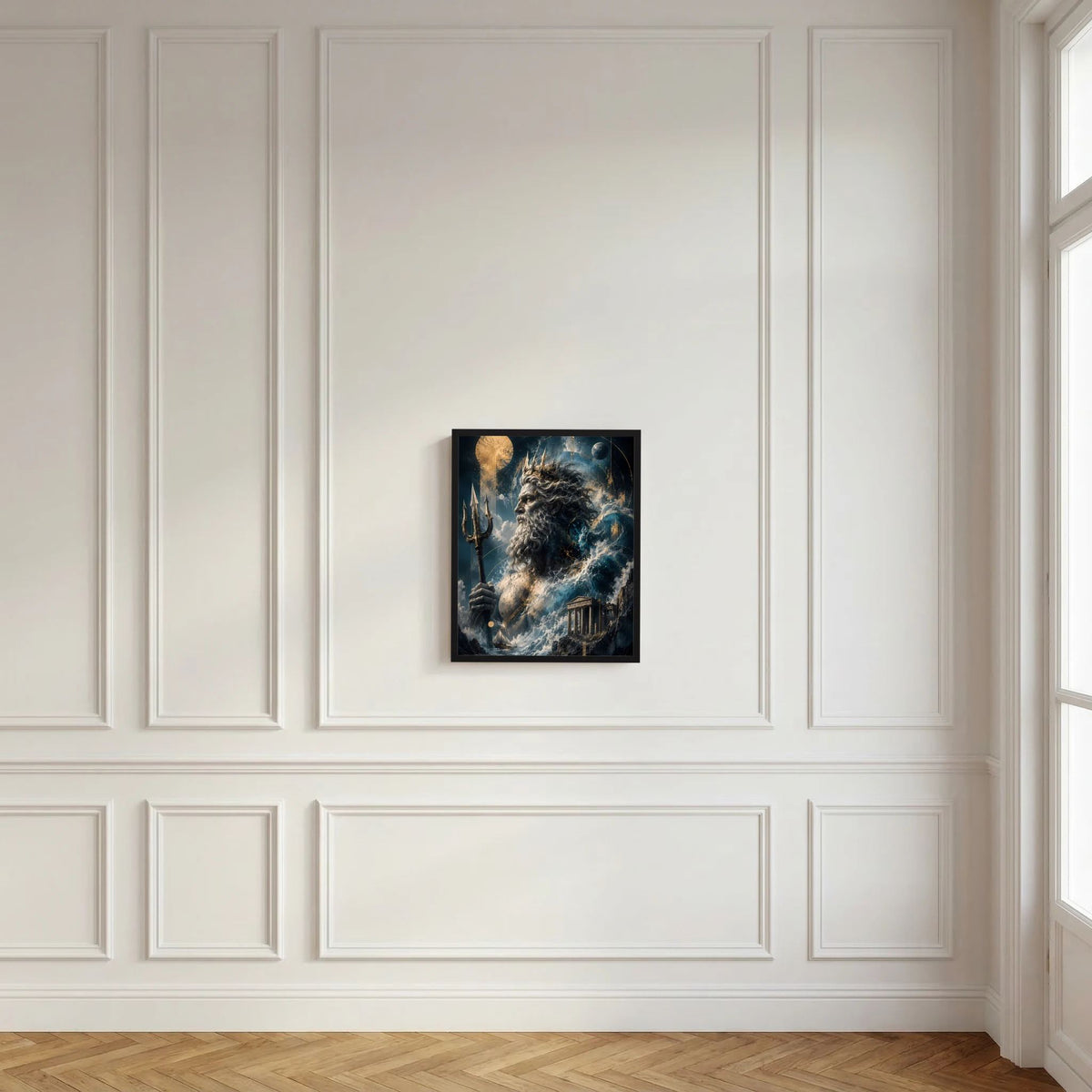 Hochformat-Poster mit Poseidon-Gestalt und Dreizack, dunkel gerahmt