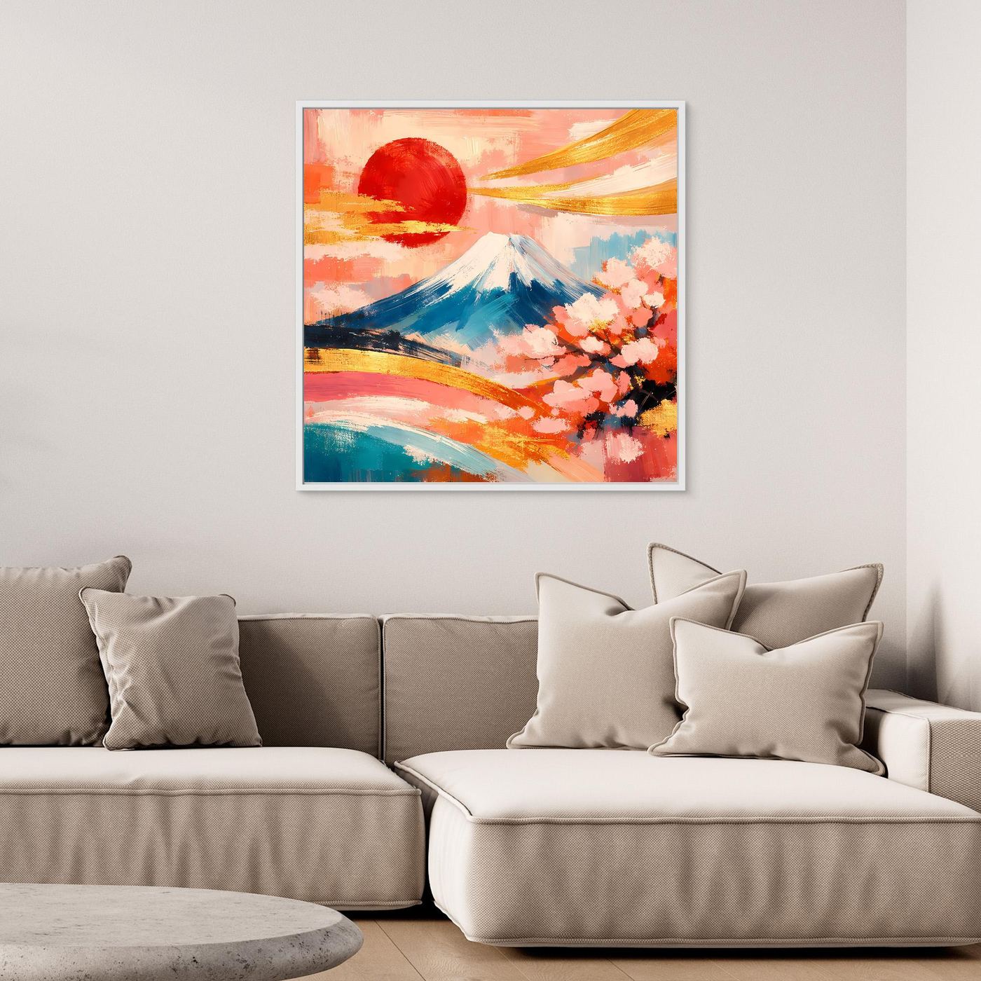 Leinwandbild mit Fuji-Berg, roter Sonne, Kirschblüten und farbigen Pinselstrichen