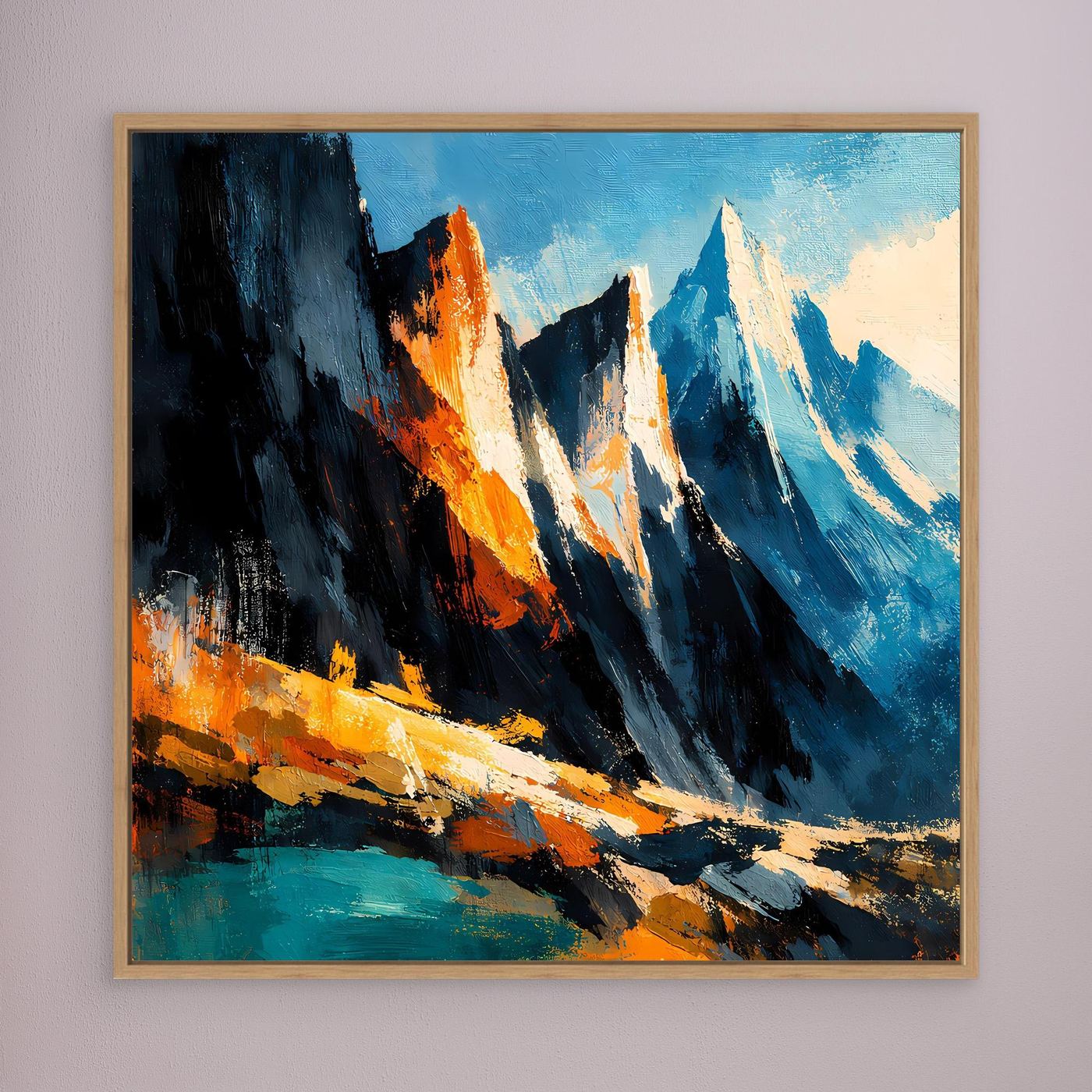 Wandbild mit abstrakten Bergspitzen in Blau, Schwarz und Orange, goldbraun gerahmt