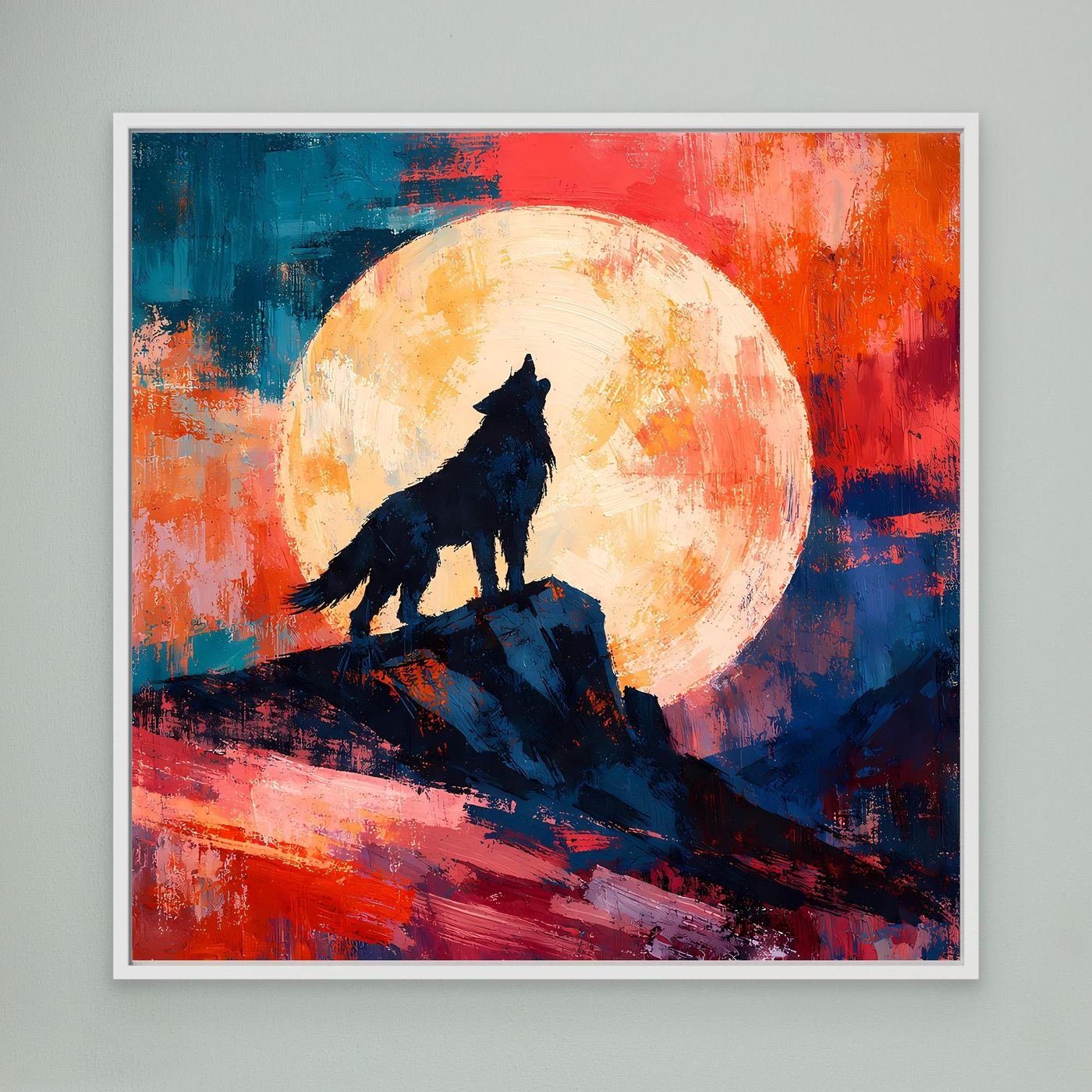 Leinwand Abstraktes Wolf Gemälde | Modernes Mystisches Wandbild Heulender Wolf Vollmond