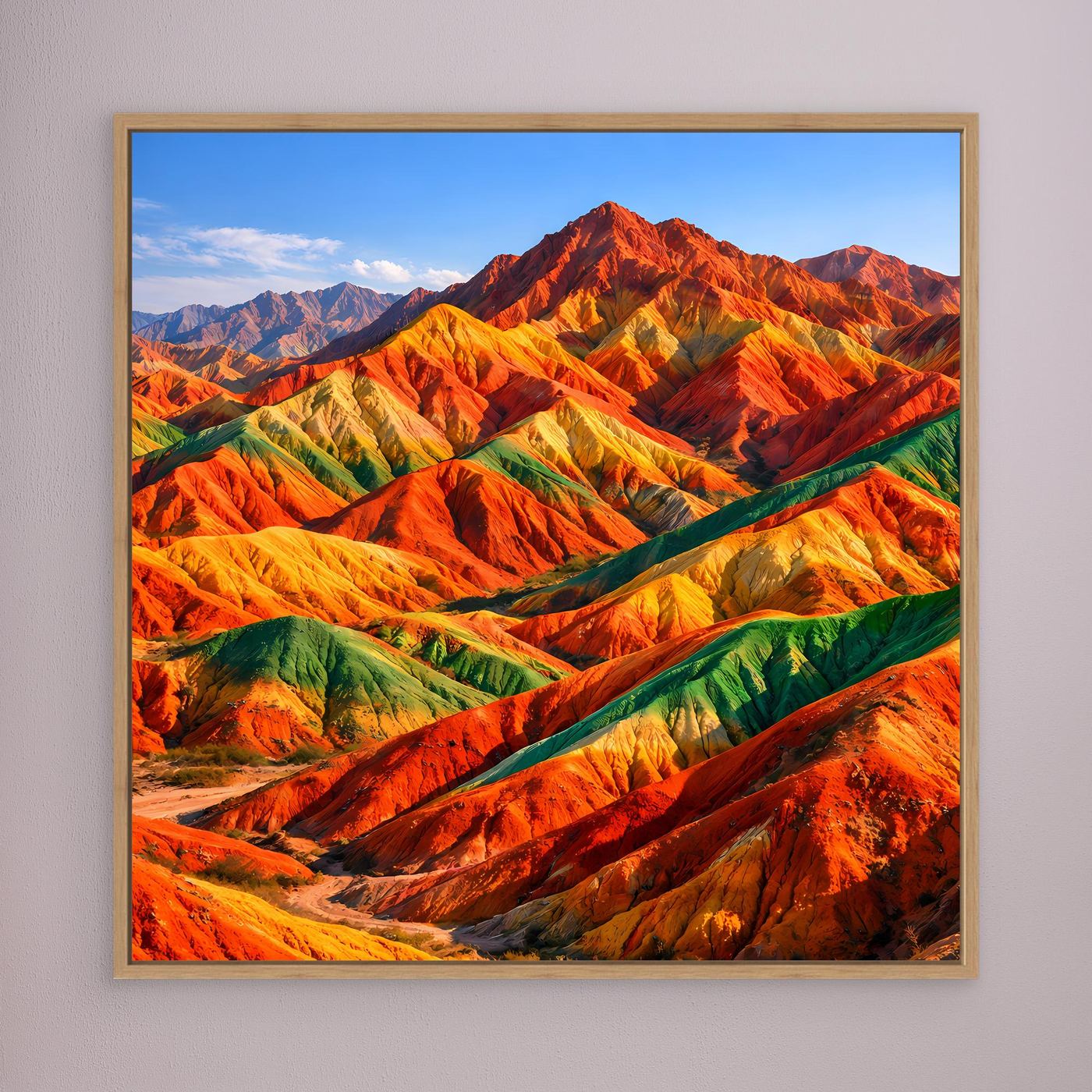 Leinwandbild Regenbogen-Berge mit Rot- und Grüntönen, Holzrahmen