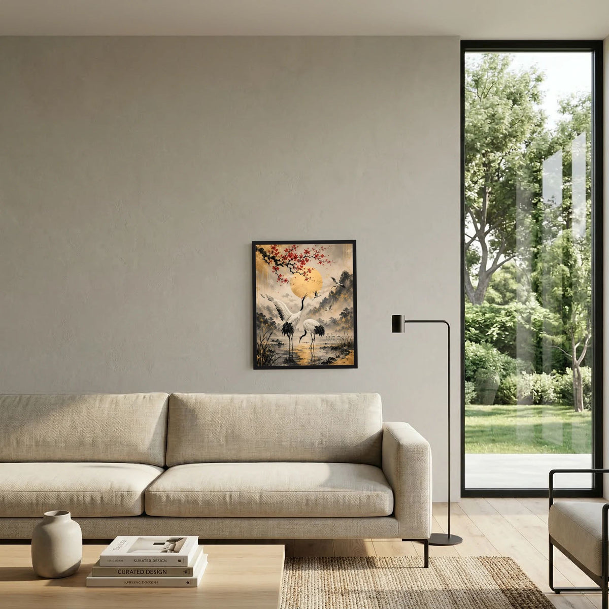 Gerahmtes Poster im Hochformat: Kraniche unter goldener Sonne mit roten Blüten