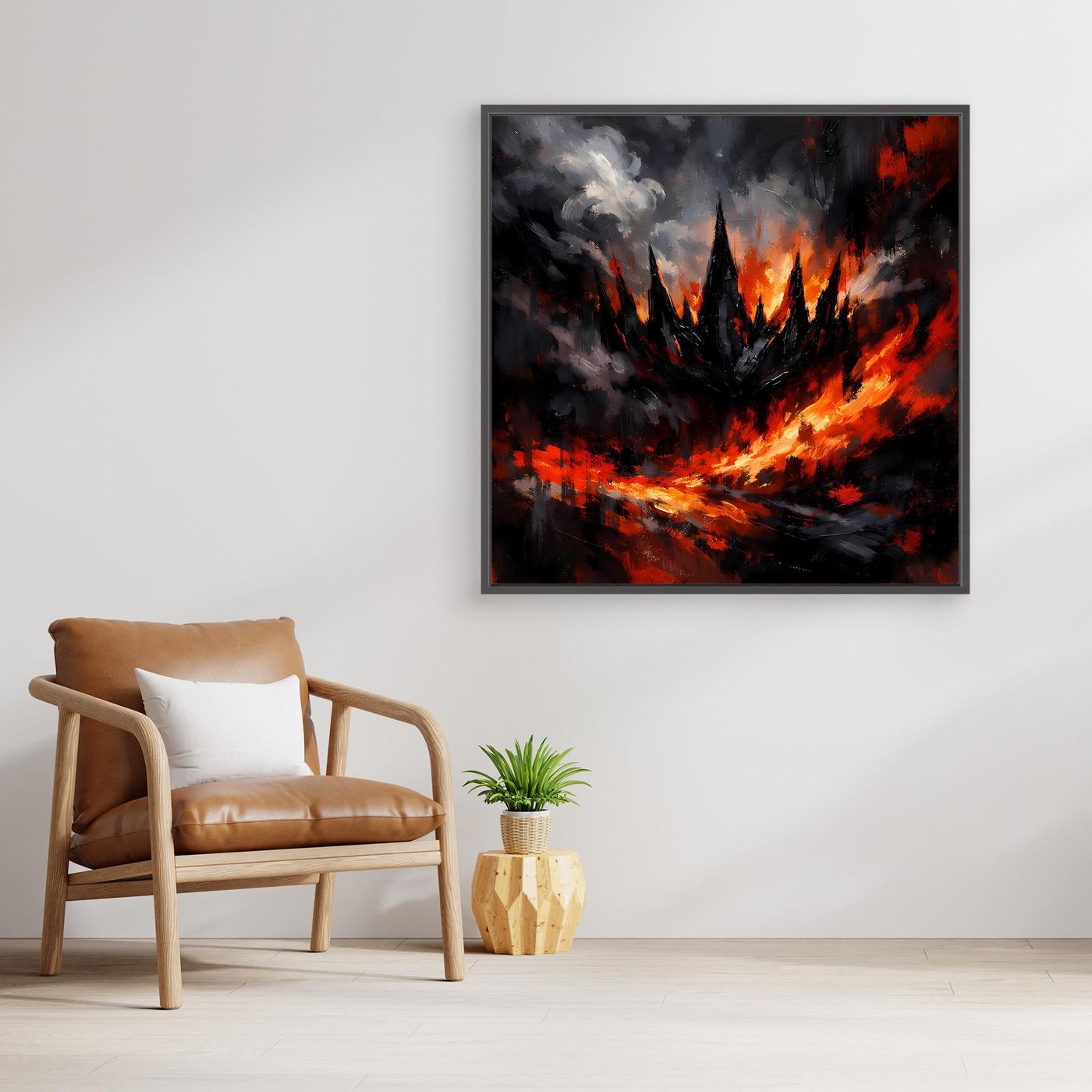 Abstraktes Leinwand-Wandbild mit Flammen und Rauch, im dunklen Rahmen