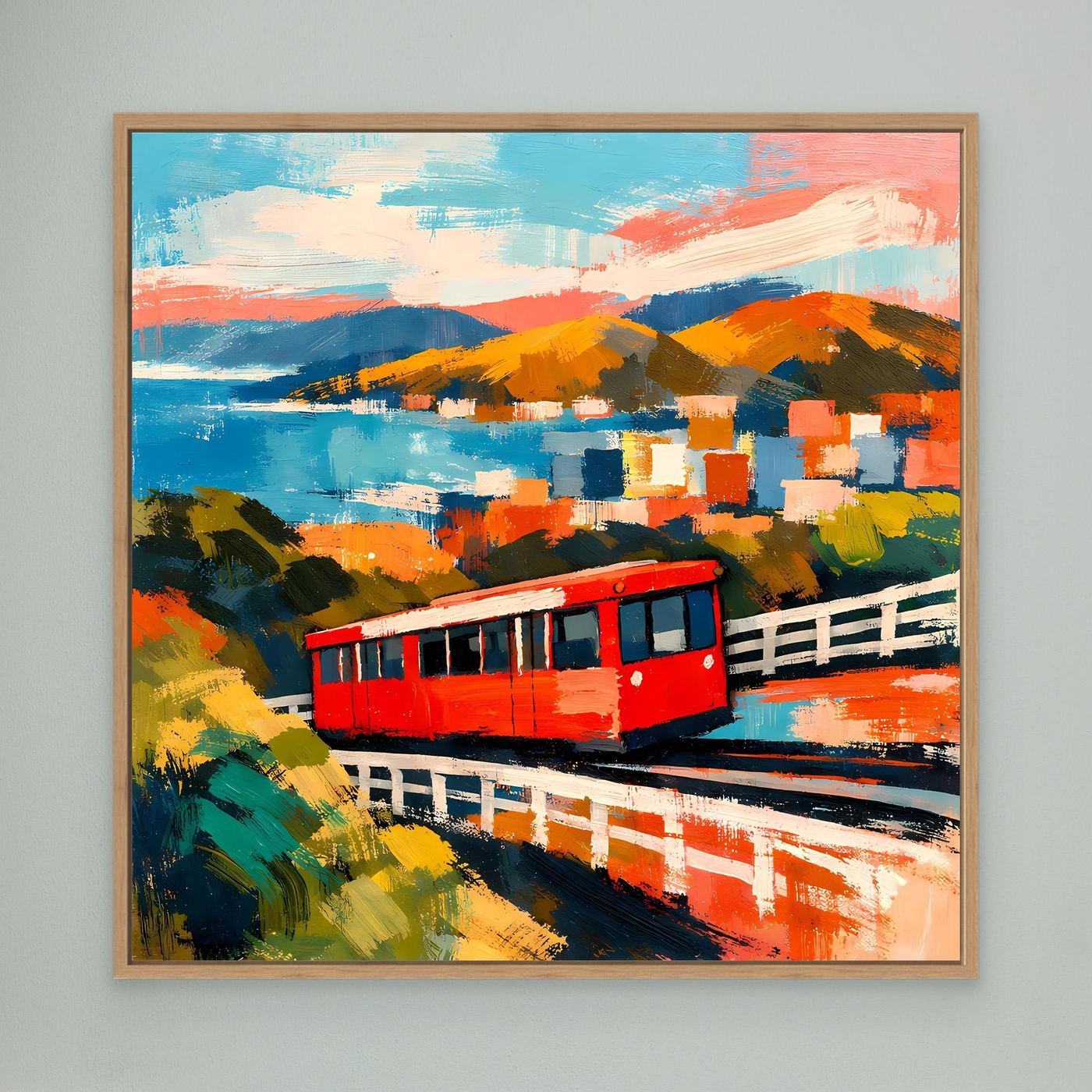 Leinwand-Wandbild: rote Seilbahn im Eichenholzrahmen, abstrakte Küsten- und Stadtlandschaft