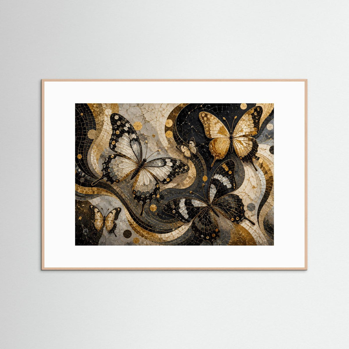 Querformat-Poster mit gold-schwarzer Schmetterlingsmosaik, Rechteck, brauner Rahmen