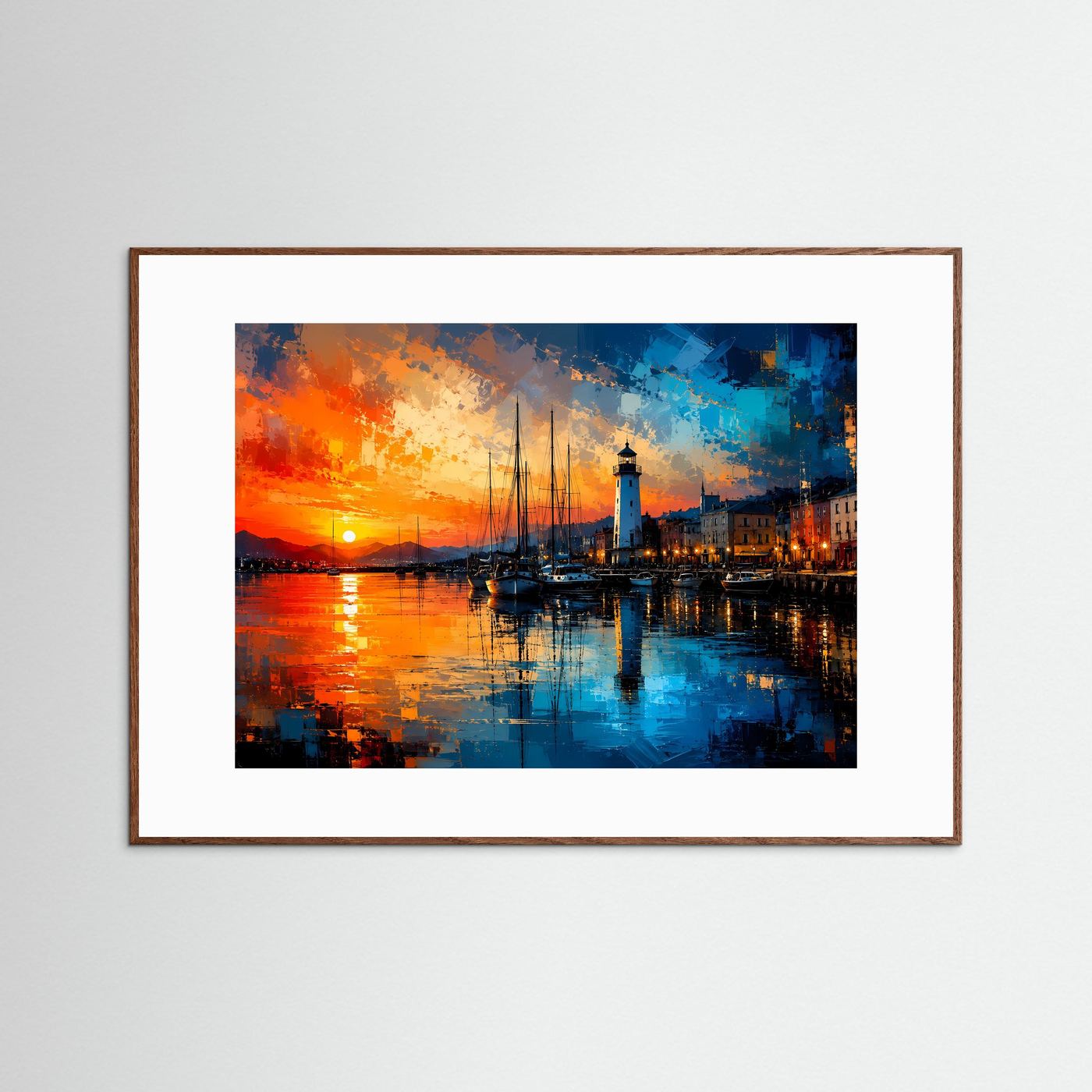 Leuchtturm am Hafen bei Sonnenuntergang | Modernes Küsten & Maritimes Poster Querformat