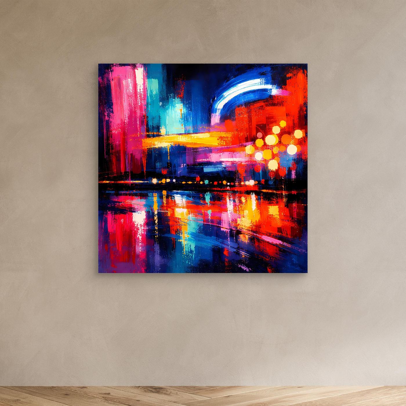 Abstraktes Leinwand-Wandbild mit Stadt-Skyline, Blau-Rot-Gelb mit Reflexionen und Lichtpunkten