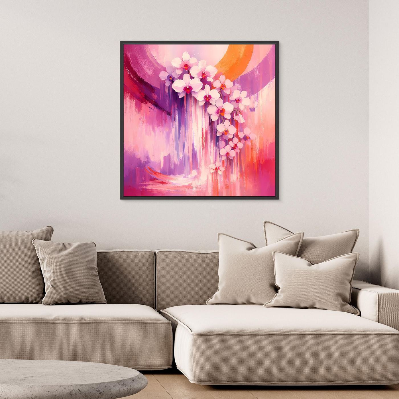 Gerahmtes quadratisches Leinwandbild mit abstrakten Orchideen in Pink-, Violett- und Rosatönen
