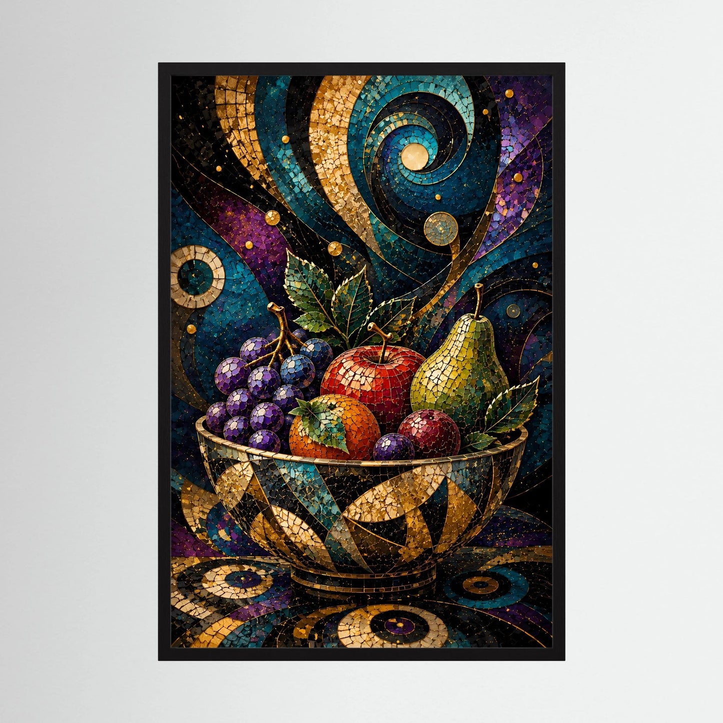 Gerahmter Hochformat-Poster mit Mosaik-Obstschale in Blau, Lila und Gold
