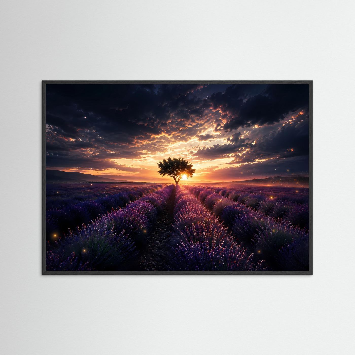 Lavendelfeld mit Baum Poster | Sonnenuntergang Landschaft Wandbild | Provence Lavendel Kunst | Natur Fine Art Print | Modernes Panorama