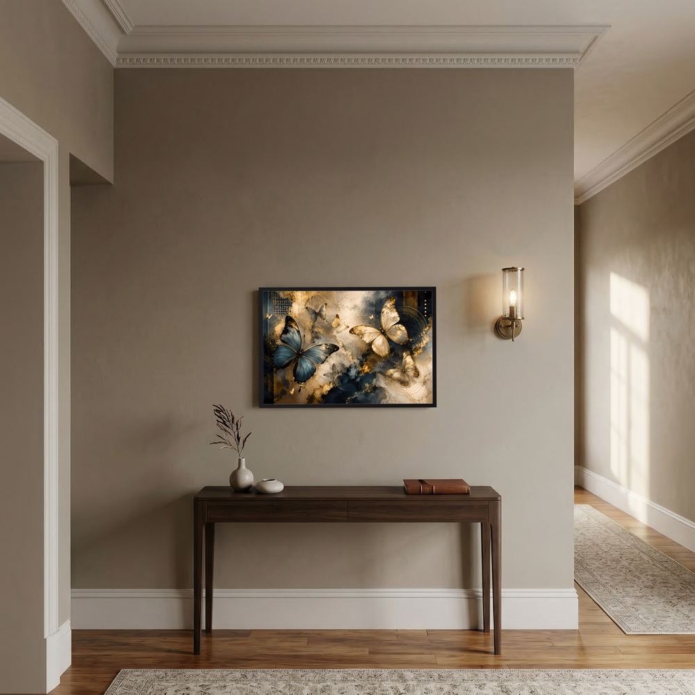 Gerahmtes Poster im Querformat mit abstrakten Schmetterlingen in Blau, Creme und Gold