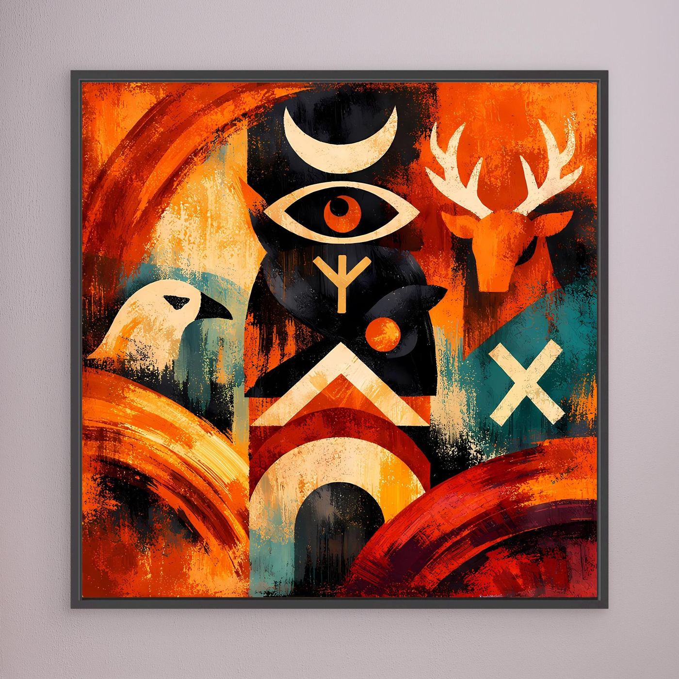 Leinwandbild mit abstraktem Totem und Runen, warmes Orange-Rot, schwarz gerahmt