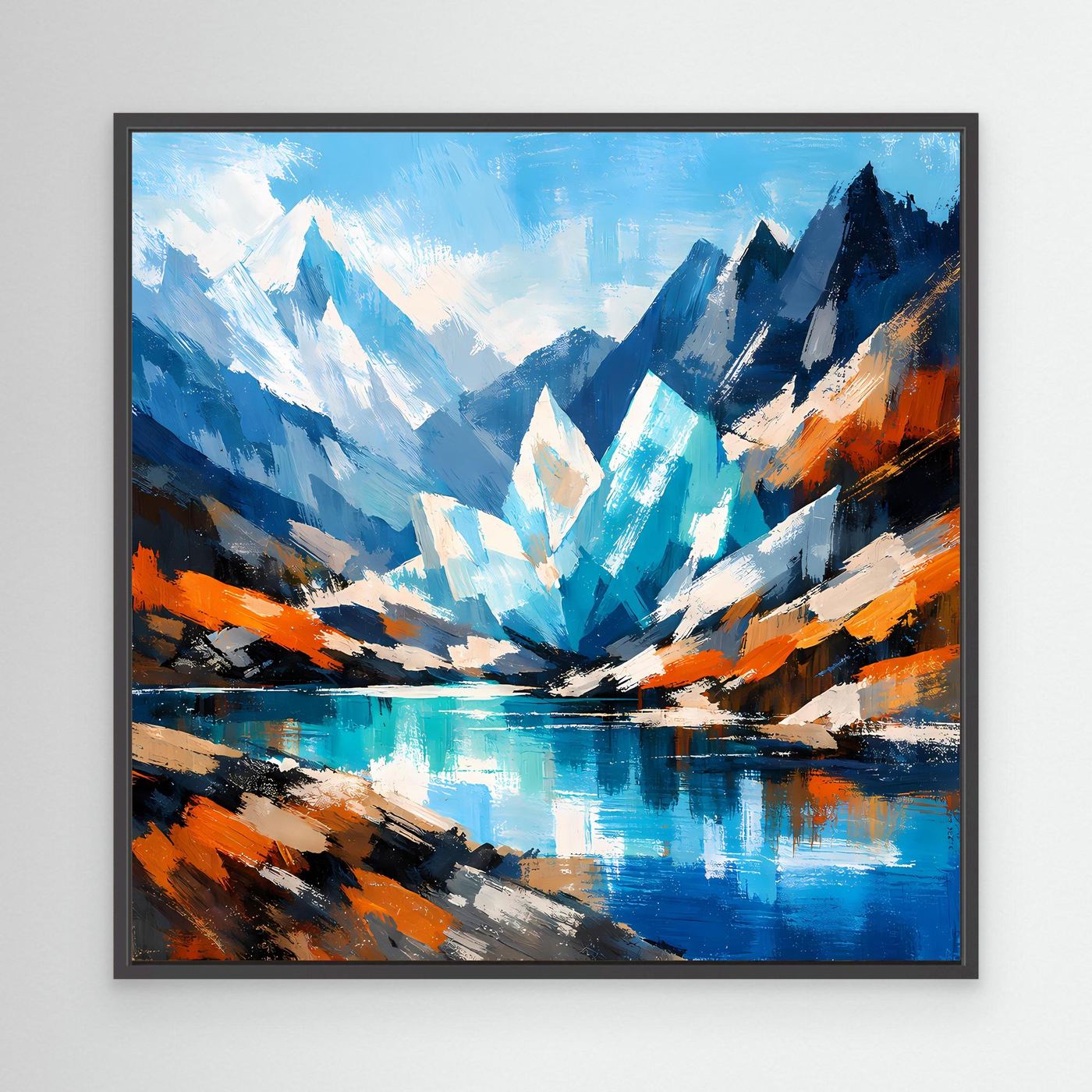 Abstraktes Leinwand-Wandbild mit Gletschersee, blauem Bergmotiv, im schwarzen Rahmen