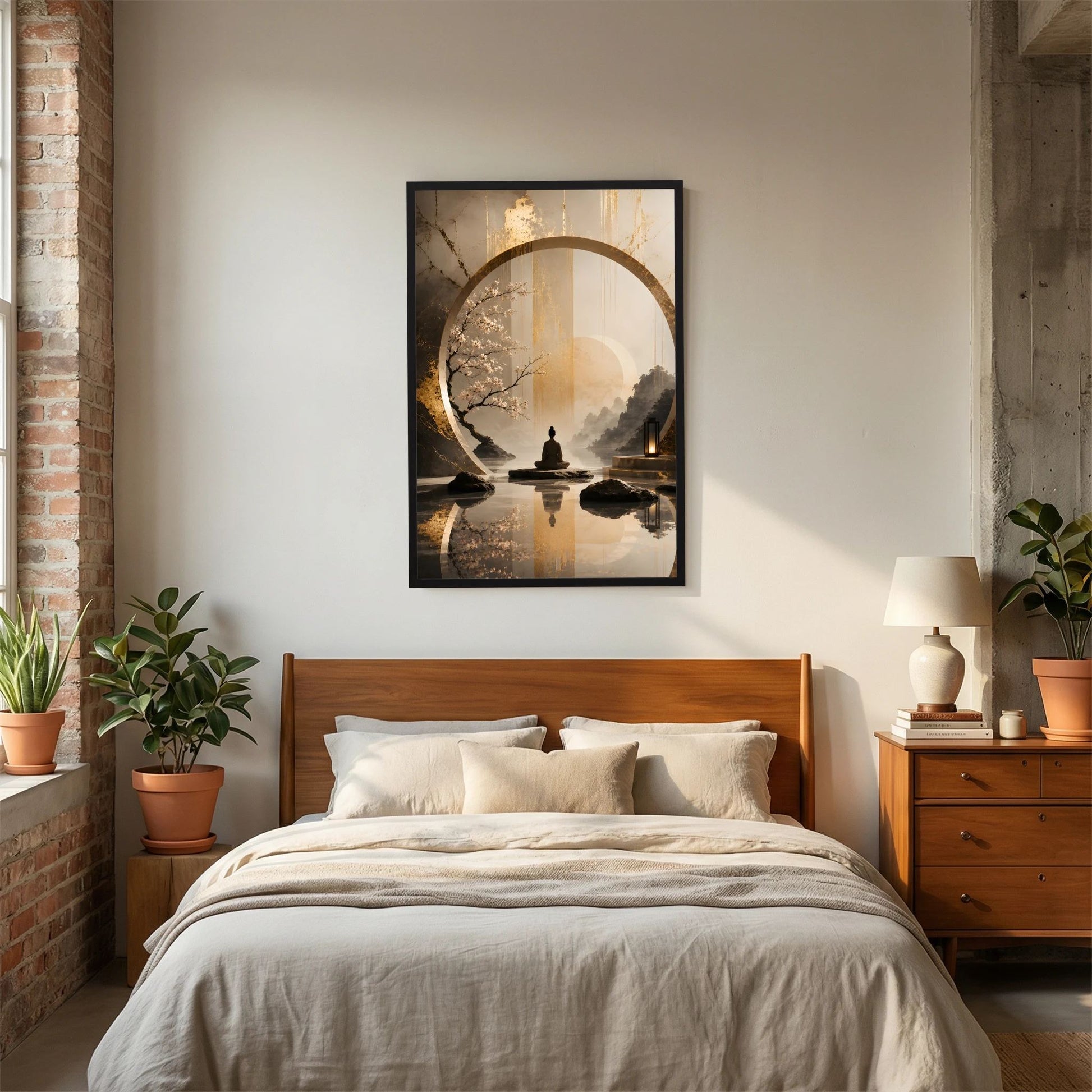Zen-Kunstposter im goldenen Kreis mit sitzender Figur, Kirschblüten in Beige, schwarzer Rahmen