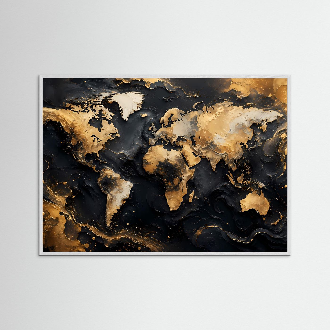 Weltkarte Poster Gold Schwarz | Moderne Weltkarte Wandbild | Luxus Landkarten Kunst | Abstrakte World Map Wanddekoration