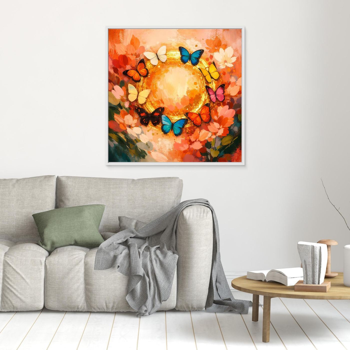 Leinwandbild mit Schmetterlingskreis: bunte Schmetterlinge um goldenen Mittelkreis, orange Blumen, weißer Rahmen