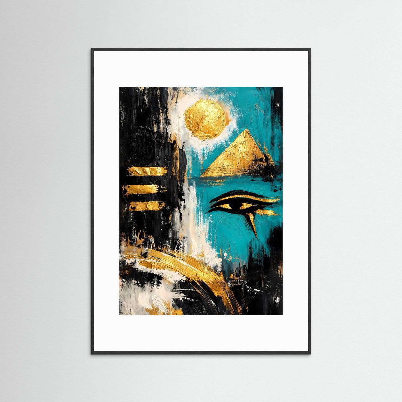Abstraktes Ägypten-Poster „Auge des Horus“ in Türkis, Schwarz und Gold mit schwarzem Rahmen
