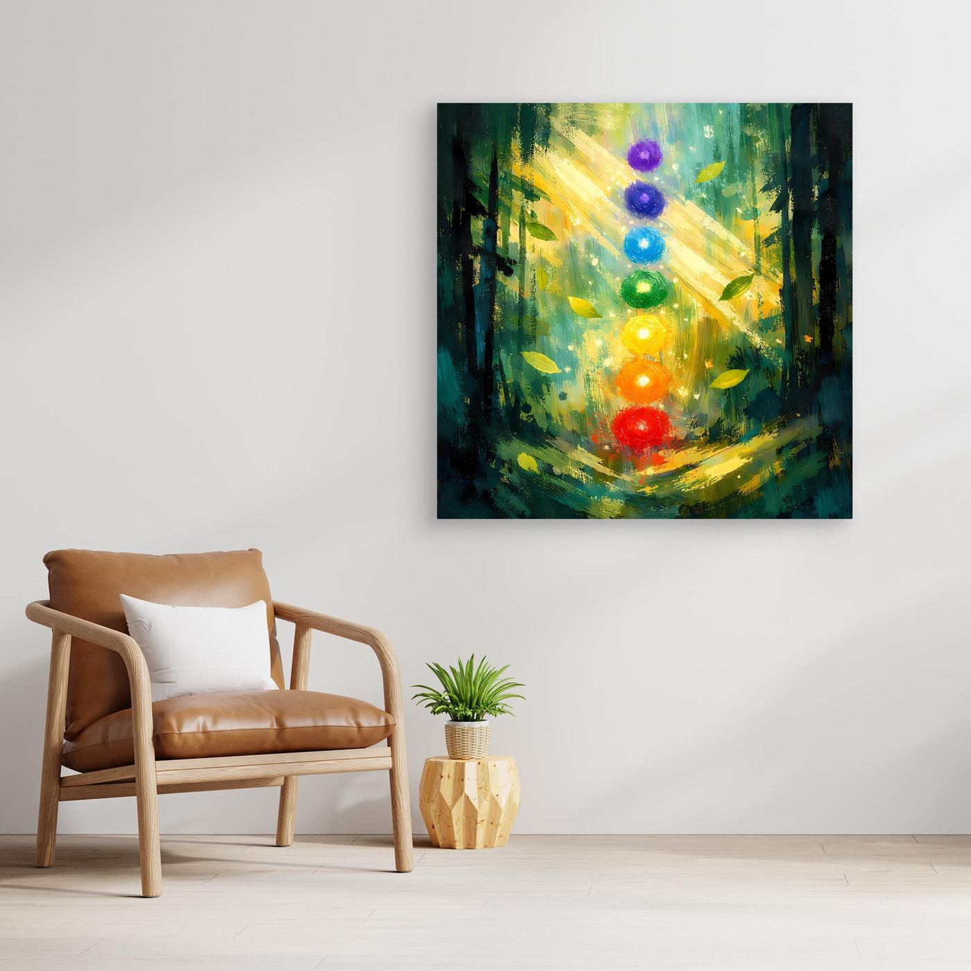 Wandbild auf Leinwand mit dunklem Rahmen: sieben Chakra-Lichtkugeln im Wald