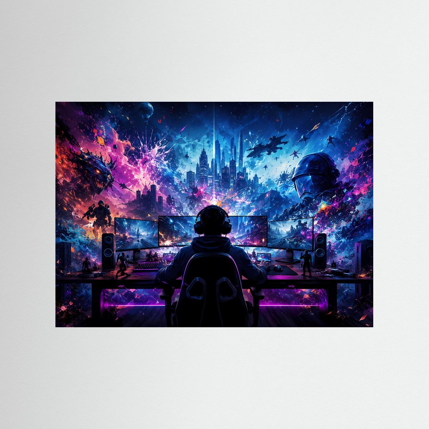 Gaming World Neon Blau & Pink | Futuristische Gamer Wandkunst