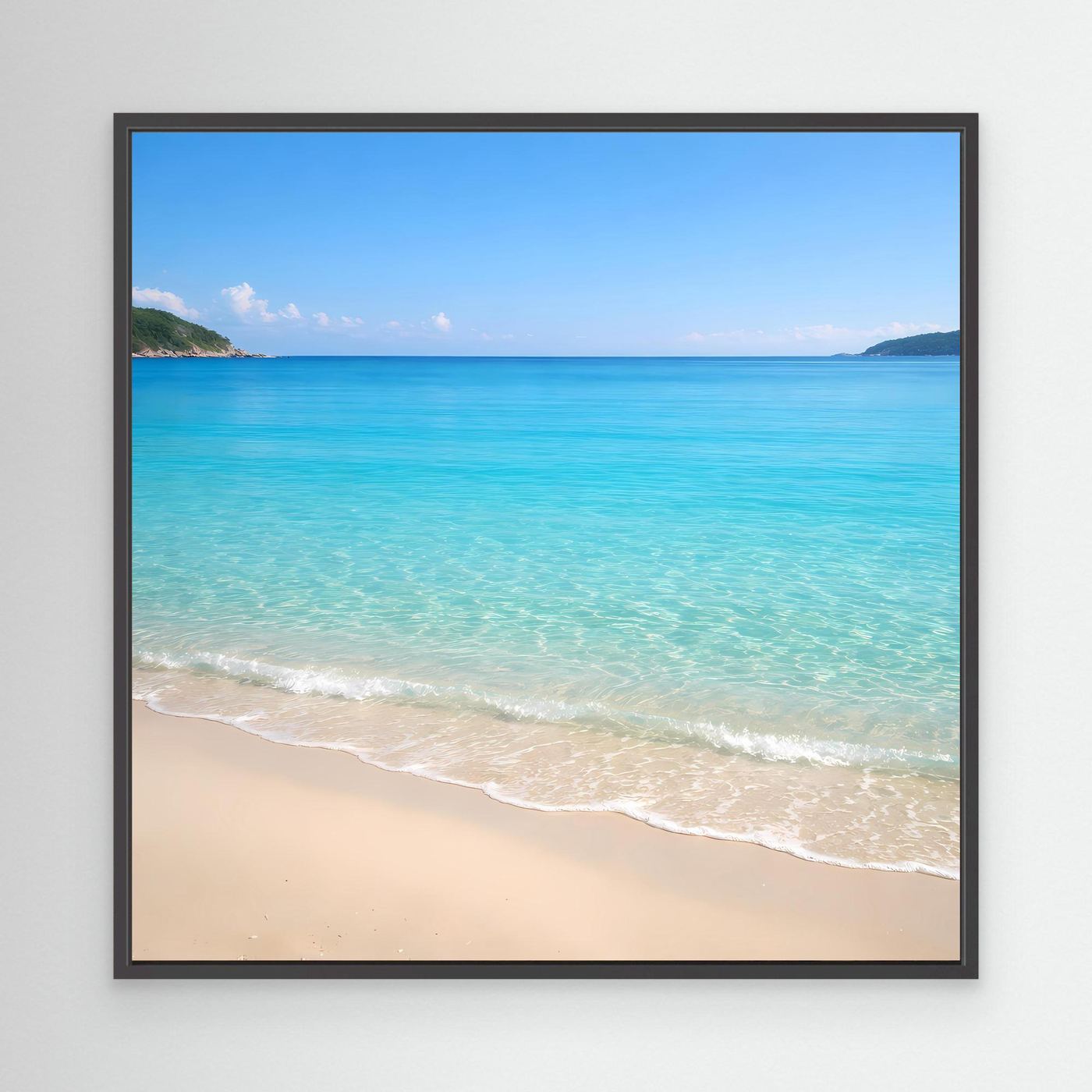 Leinwandbild Strand mit türkisfarbenem Meer im schwarzen Rahmen