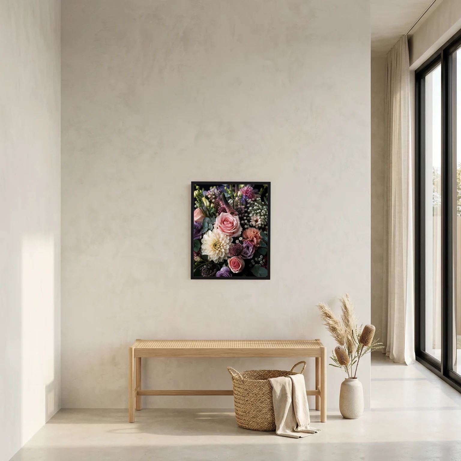 Florales Blumenposter mit Rosen und Dahlienblüten, im schwarzen Rahmen an der Wand