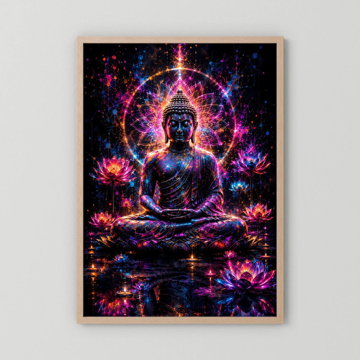 Poster im Holzrahmen: sitzender Buddha, leuchtender Lichtring und bunte Lotusblüten
