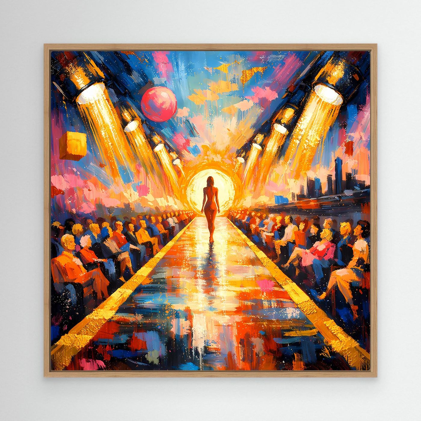 Leinwandbild mit abstraktem Pop-Art Laufsteg, zentrale Silhouette, bunte Farben, Eichenrahmen