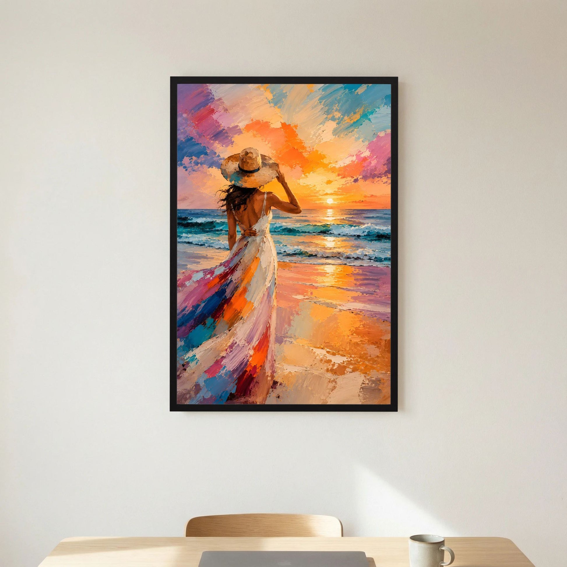 Poster im Hochformat mit Frau am Strand, farbiger Sonnenuntergang im Detail
