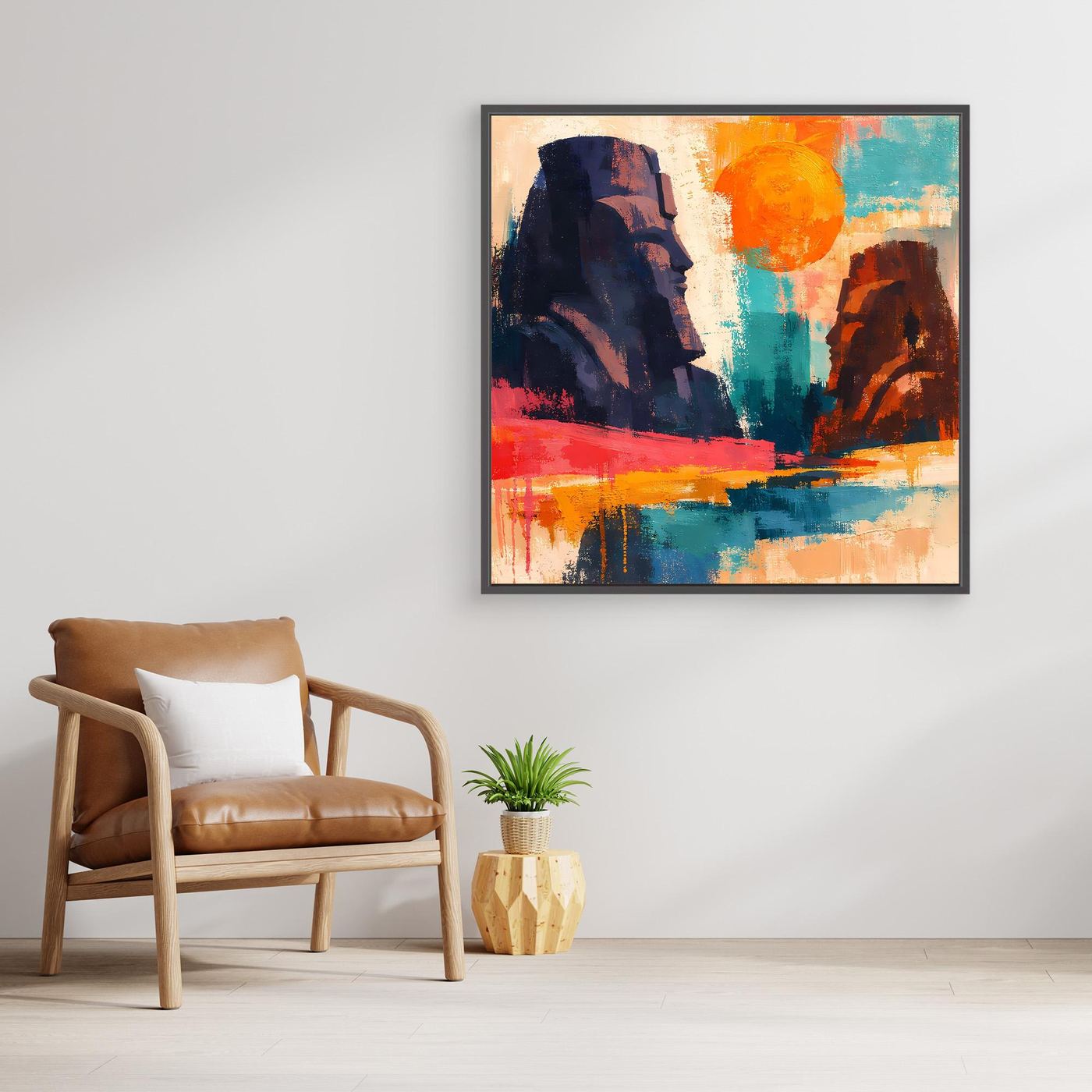 Leinwand-Wandbild mit abstrakten ägyptischen Figuren und schwarzem Rahmen, farbig