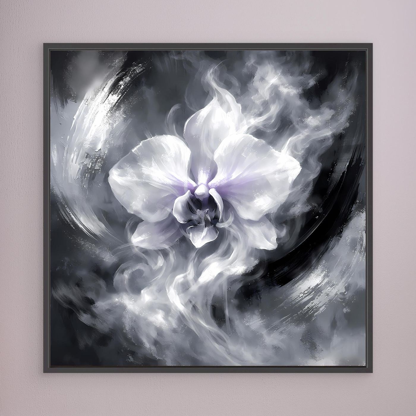 Leinwandbild mit abstrakter Orchidee in Schwarzweiß, schwarzer Rahmen
