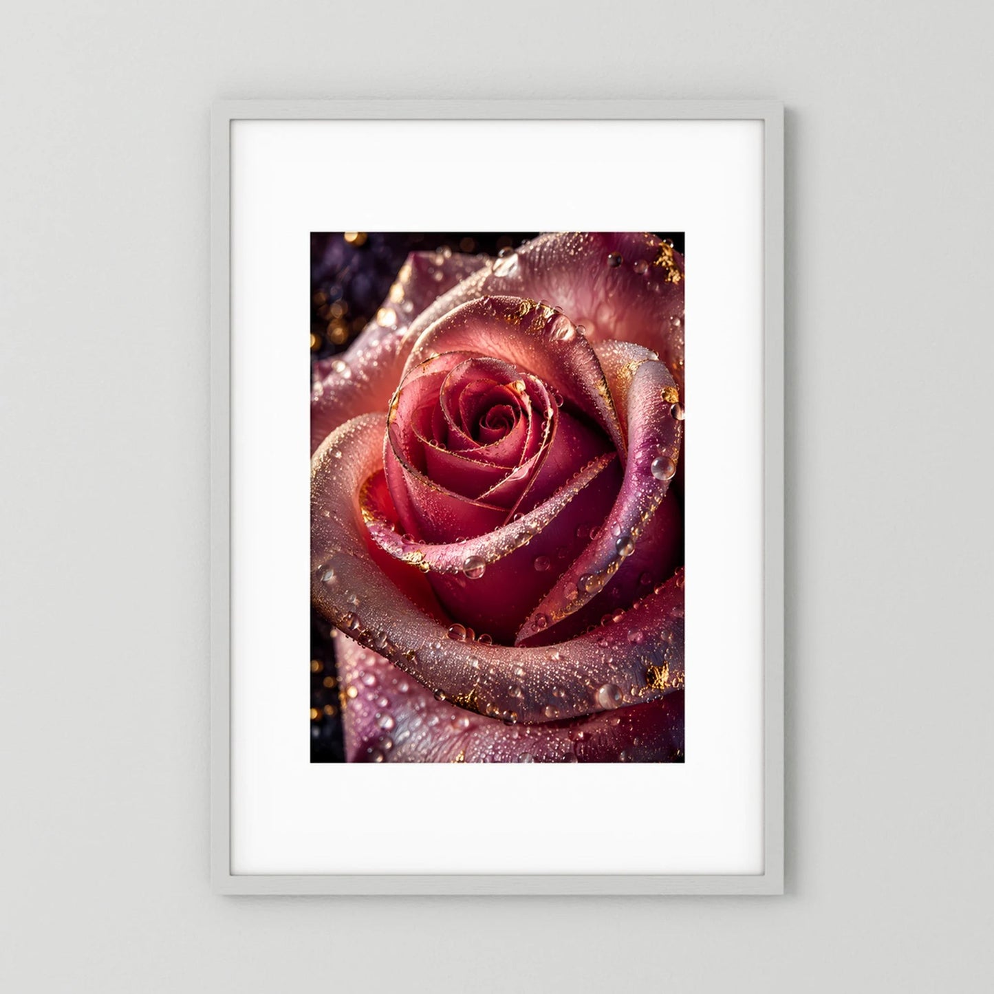 Hochformatiges Poster: rosafarbene Rose mit Goldakzenten und Wassertropfen im Nahblick.