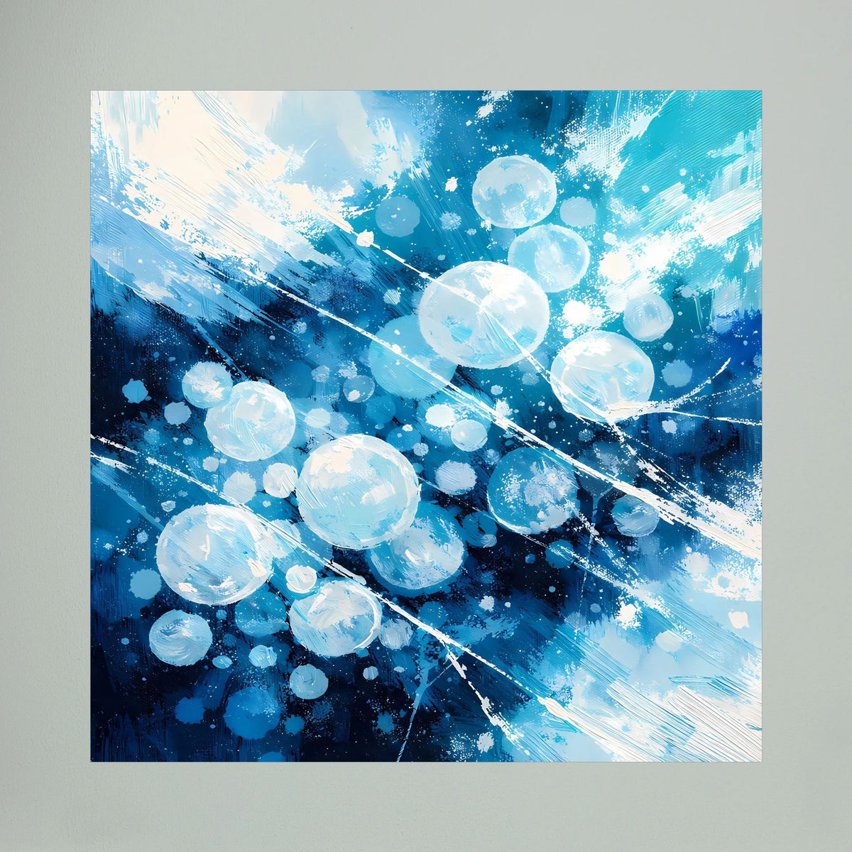 Quadratisches Leinwand-Wandbild mit blauen Eisblasen und leuchtend weißen Kreisformen.