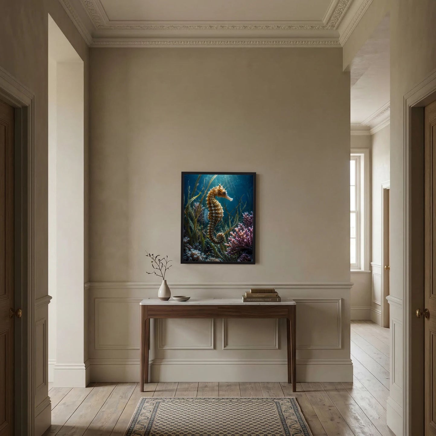 Gerahmtes Poster mit Seepferdchen im Korallenriff, blaues Meer mit rosa Korallen