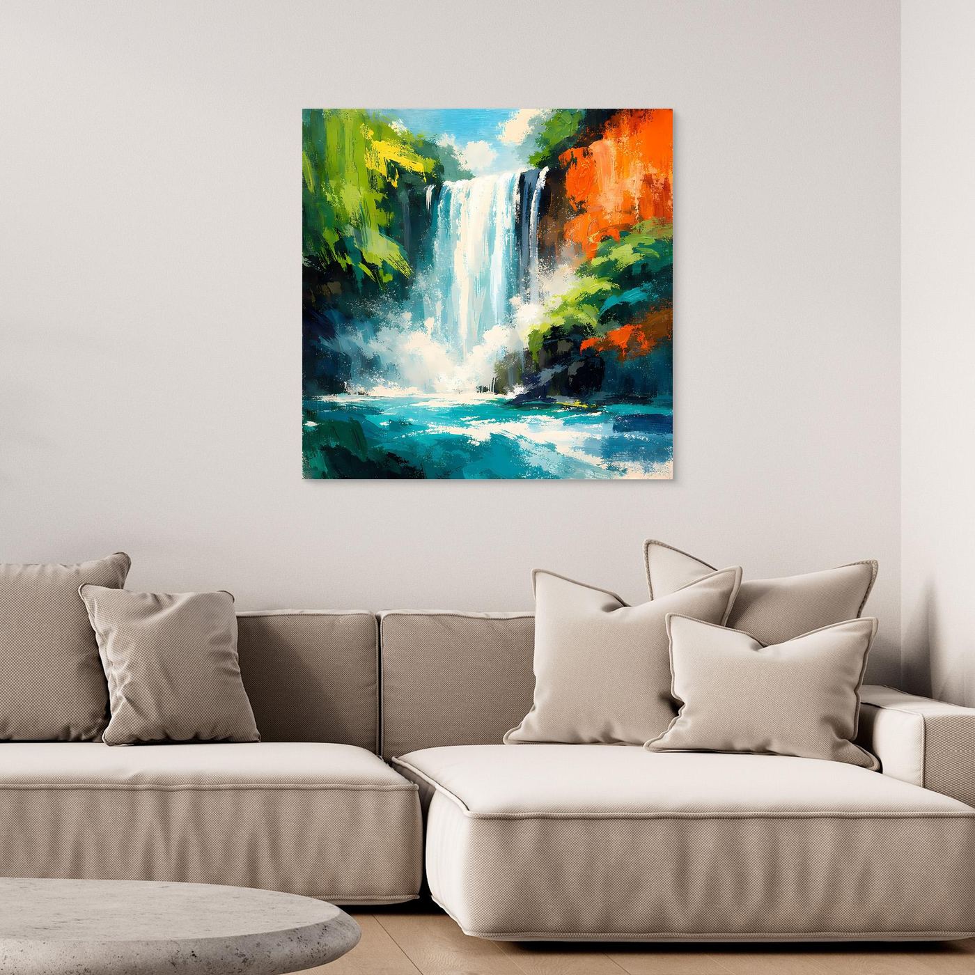 Gerahmtes Leinwandbild mit Wasserfall zwischen üppigem Grün und orangefarbenen Felsbereichen