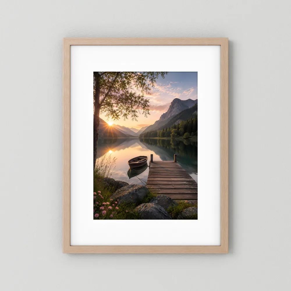 Poster im hellen Holzrahmen: Boot am Steg und See mit Bergen im Sonnenaufgang