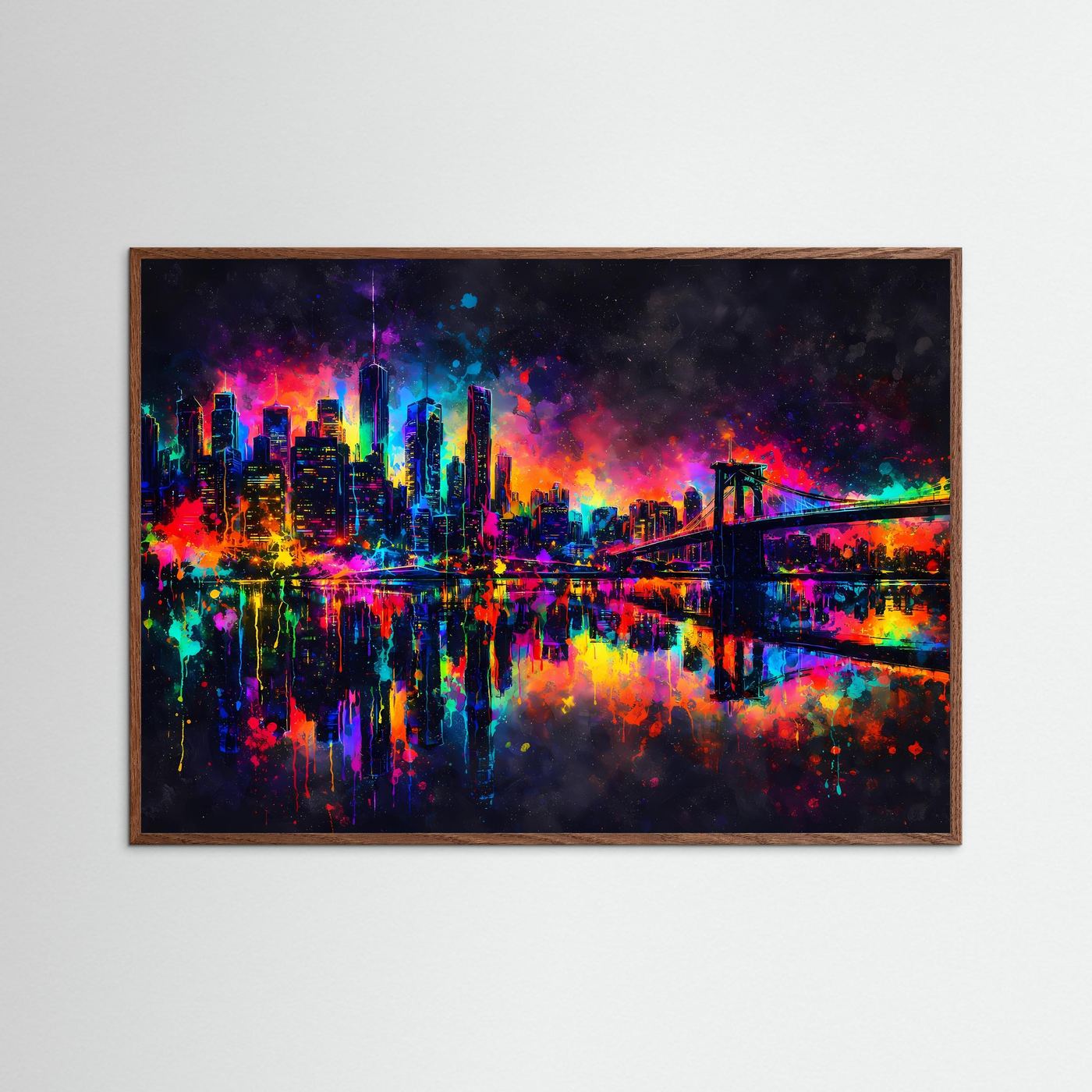 Wandbild New-York-Skyline mit Brooklyn Bridge in Neonfarben, dunkler Eichenrahmen