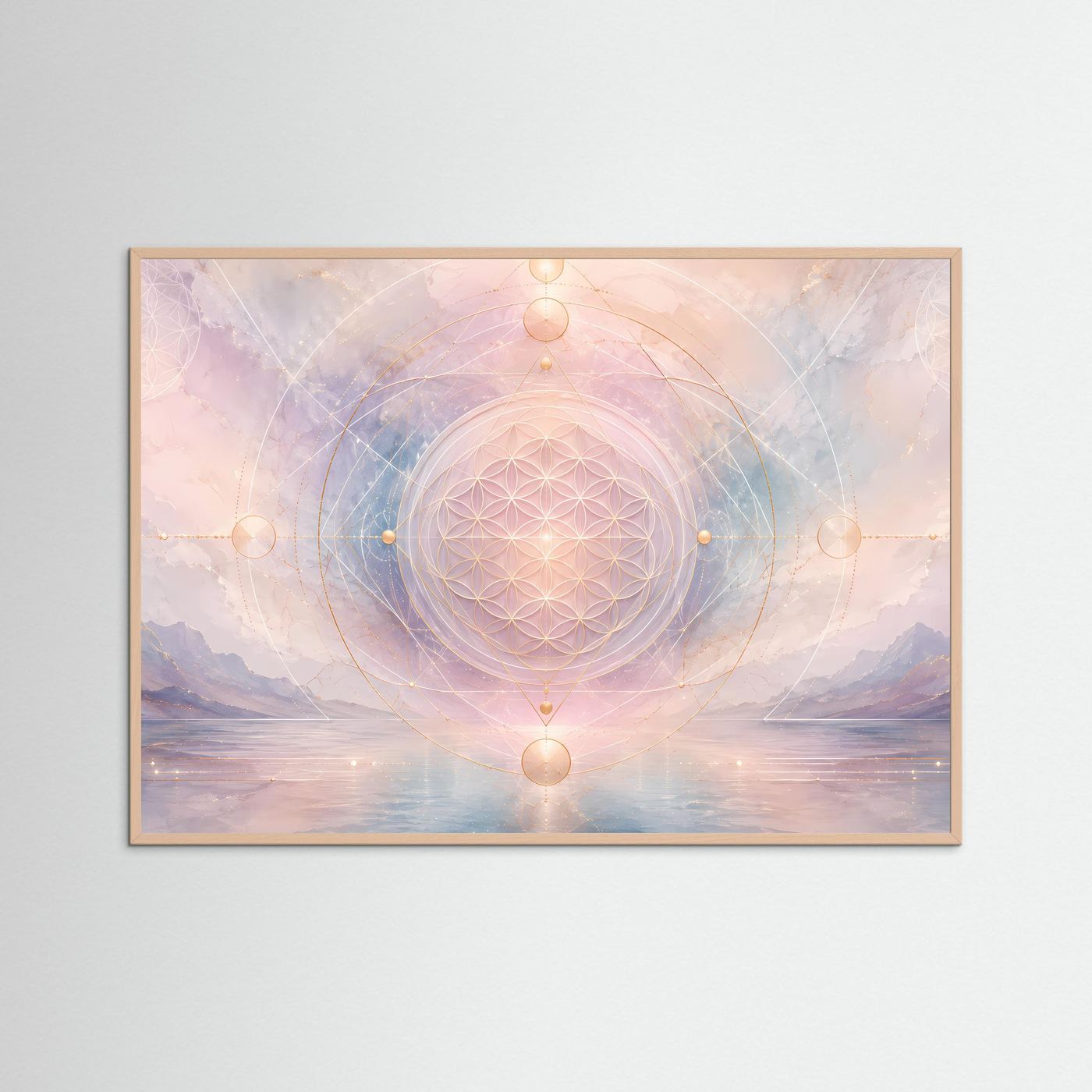 Gerahmtes Poster: Blume-des-Lebens-Mandala in Pastellrosa und Blau, rosafarbene Holzrahmung.