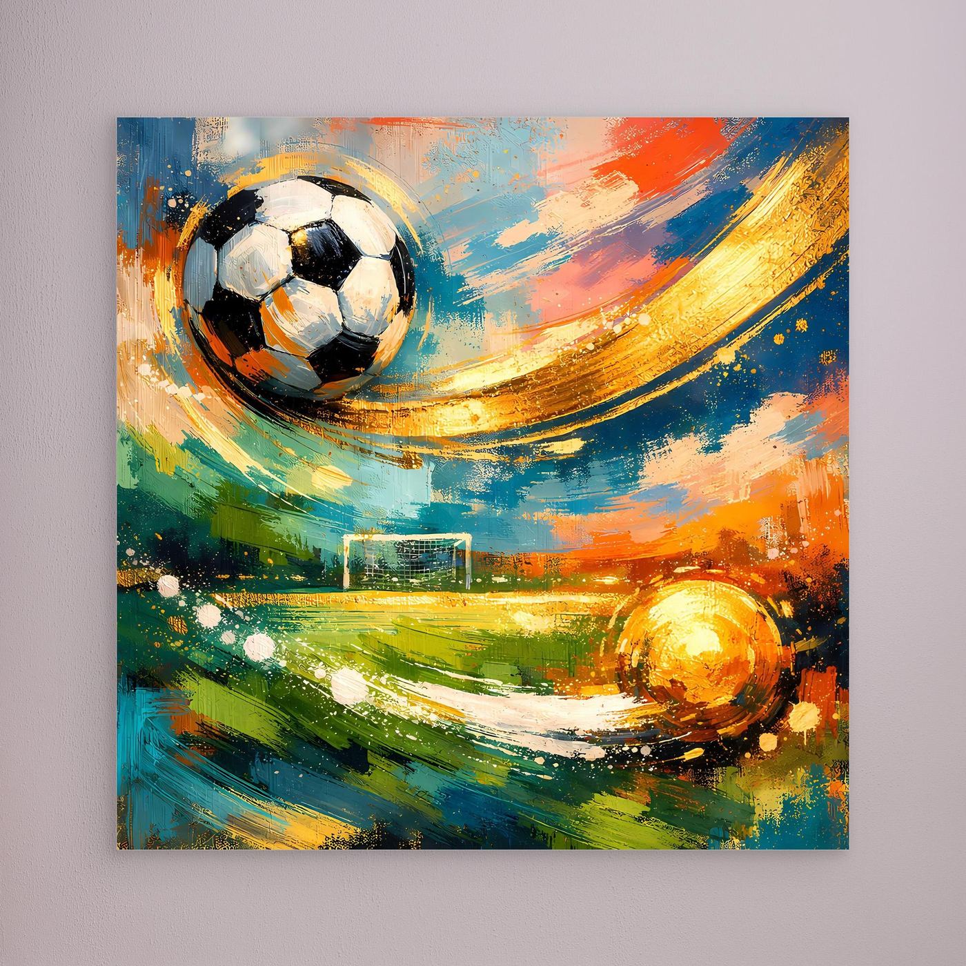 Leinwandbild mit Fußballmotiv in abstrakten Pinselstrichen, ohne sichtbaren Rahmen