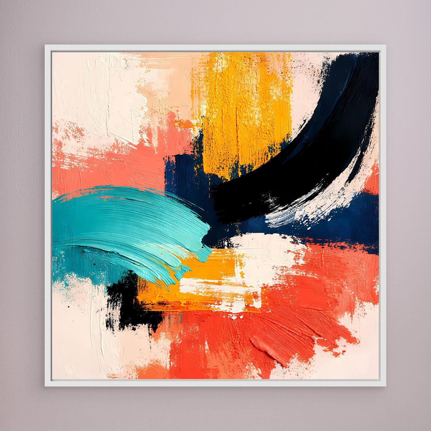 Abstract canvas wall art with coral, teal, yellow and navy brushstrokes, silver frame