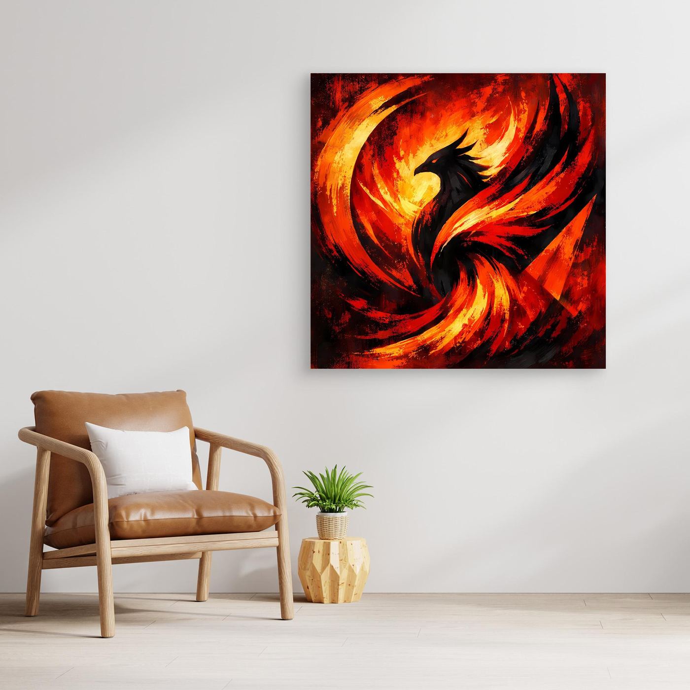 Leinwandbild mit Phönix-Feuermotiv, feuerrot und orange, brauner Holzrahmen