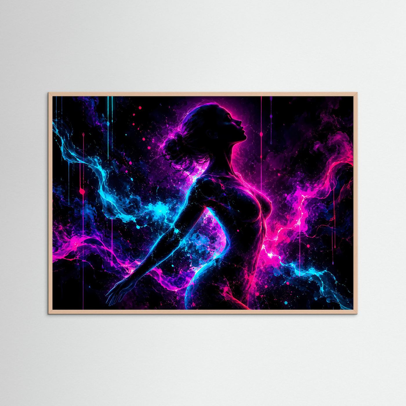 Neon Frauen Silhouette Poster | Abstrakte Moderne Wandkunst in Pink Blau | Leuchtender Frauenkörper | Futuristischer Kunstdruck