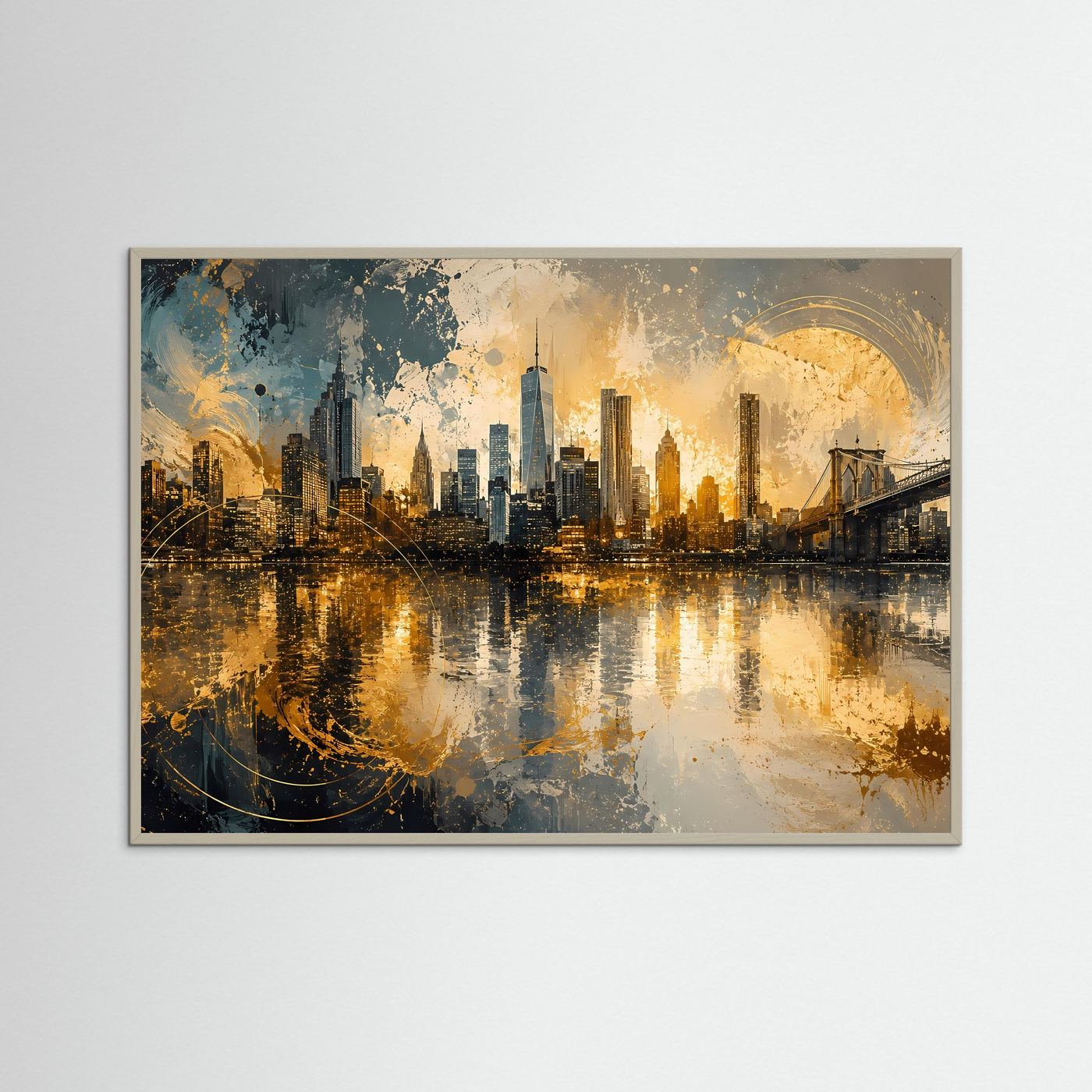 New York Skyline in Gold Poster | Abstrakte Manhattan Kunst mit Brooklyn Bridge Modernes Wandbild Querformat
