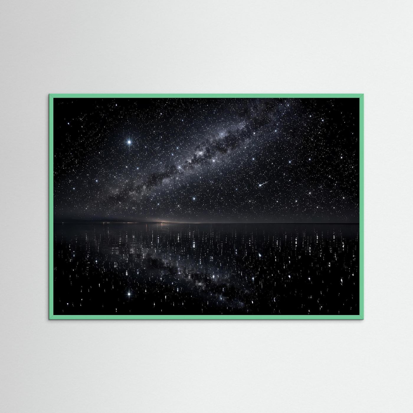 Poster Sternenhimmel mit Spiegelung im Wasser, grüner Holzrahmen