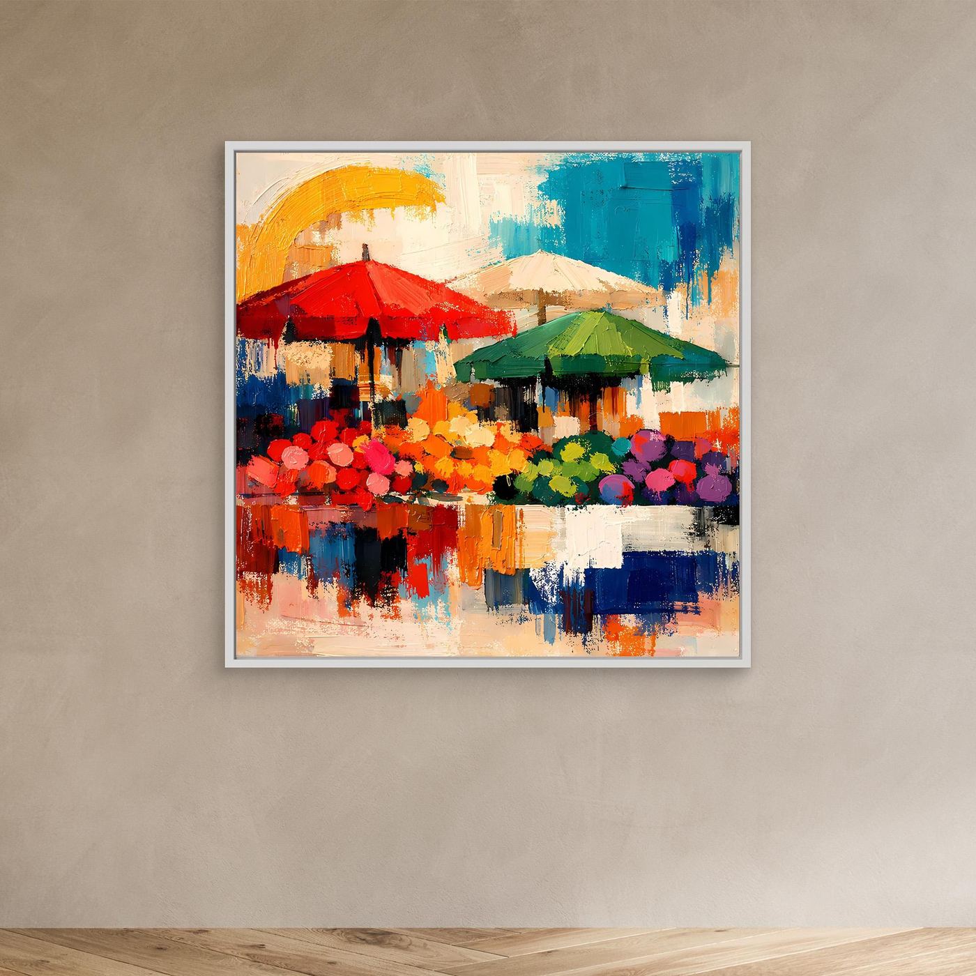 Abstraktes Leinwandbild mit Marktständen und Sonnenschirmen, Weißrahmen