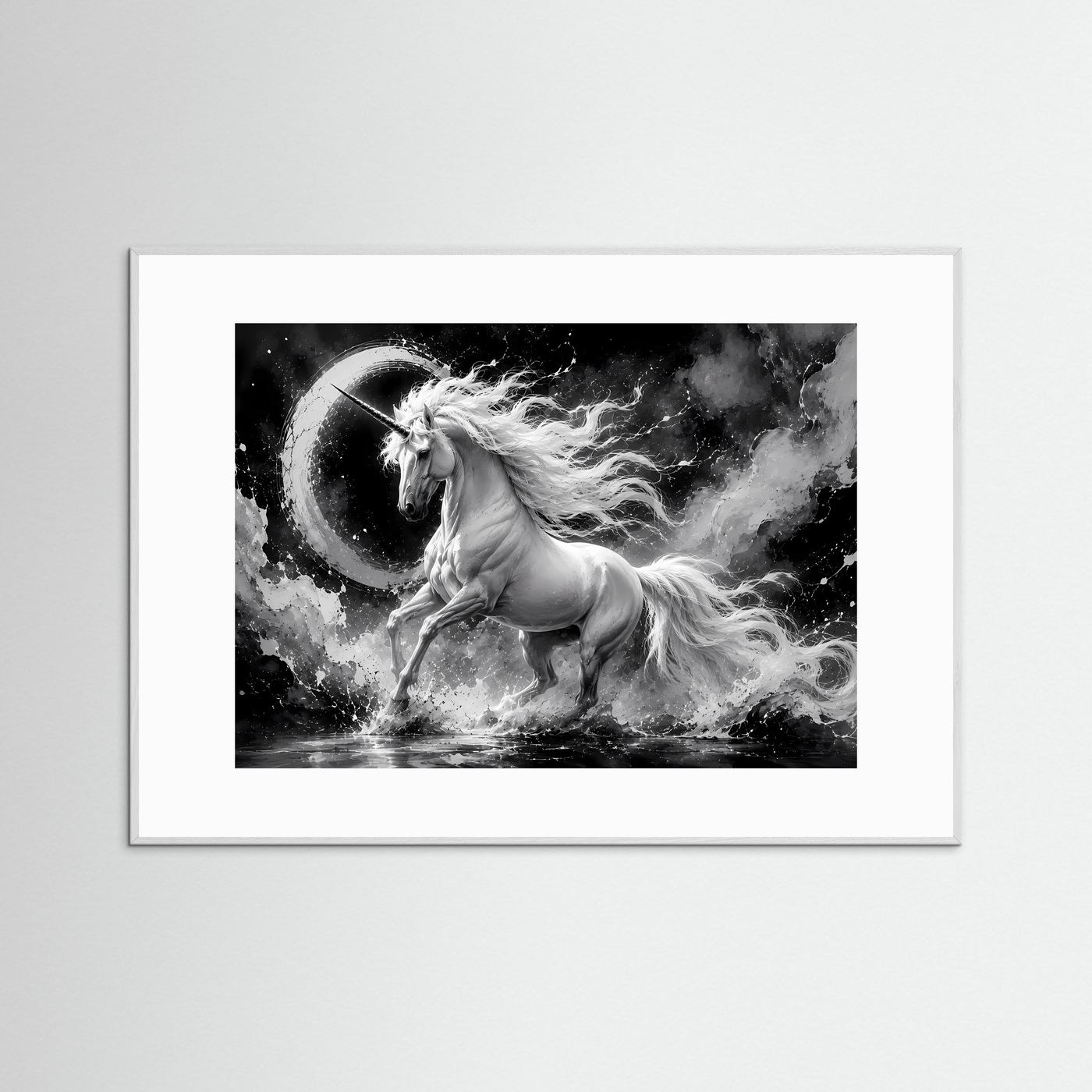 Einhorn Schwarz Weiß Poster Querformat | Mystische Fantasy Wandkunst | Monochrome Elegante Leinwandkunst
