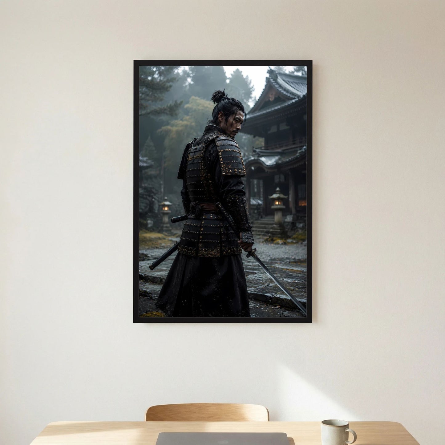 Poster im Hochformat mit Samurai in schwarzer Rüstung im Tempel vor Gebäudeansicht