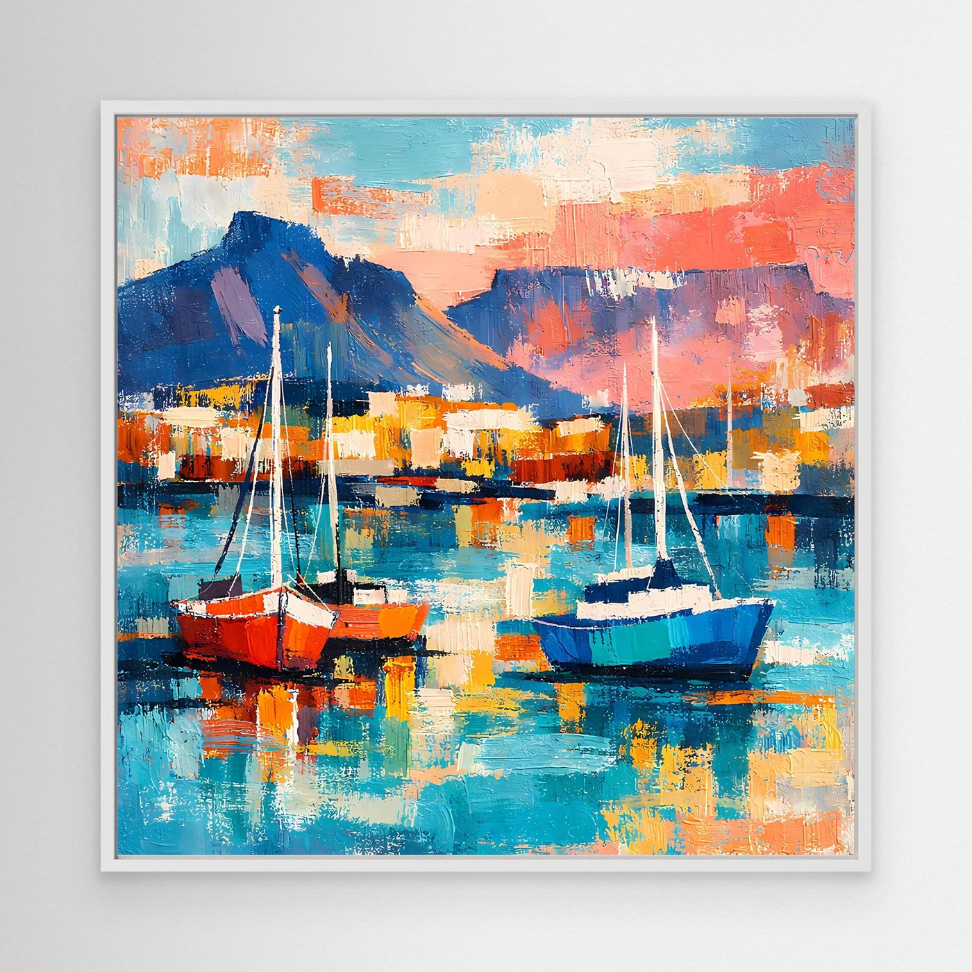 Leinwand-Wandbild mit Segelbooten, weißer Rahmen, türkis-blau, orange und rot