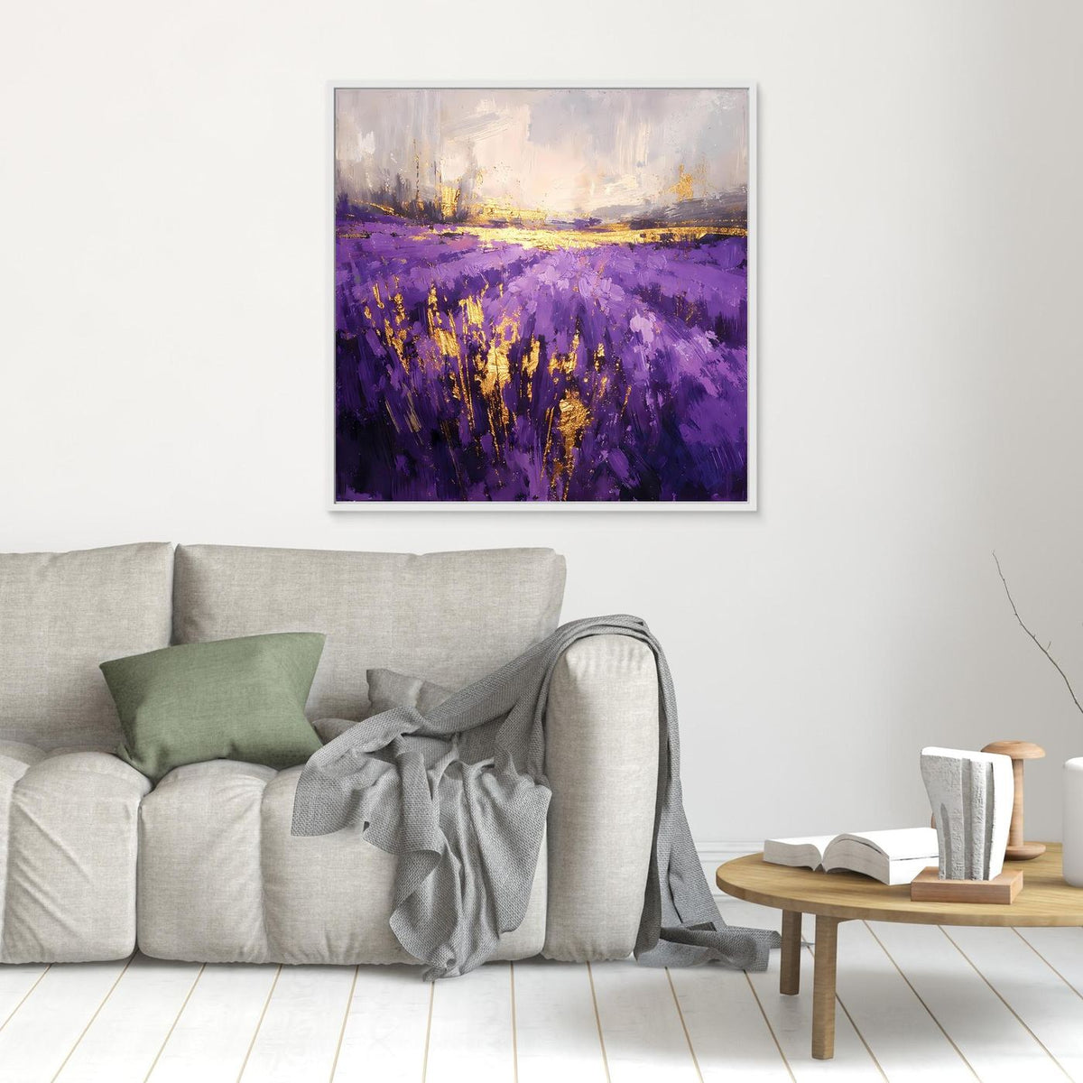 Leinwandbild Lavendelfeld abstrakt in Violett mit goldenen Akzenten, ohne Rahmen, klein