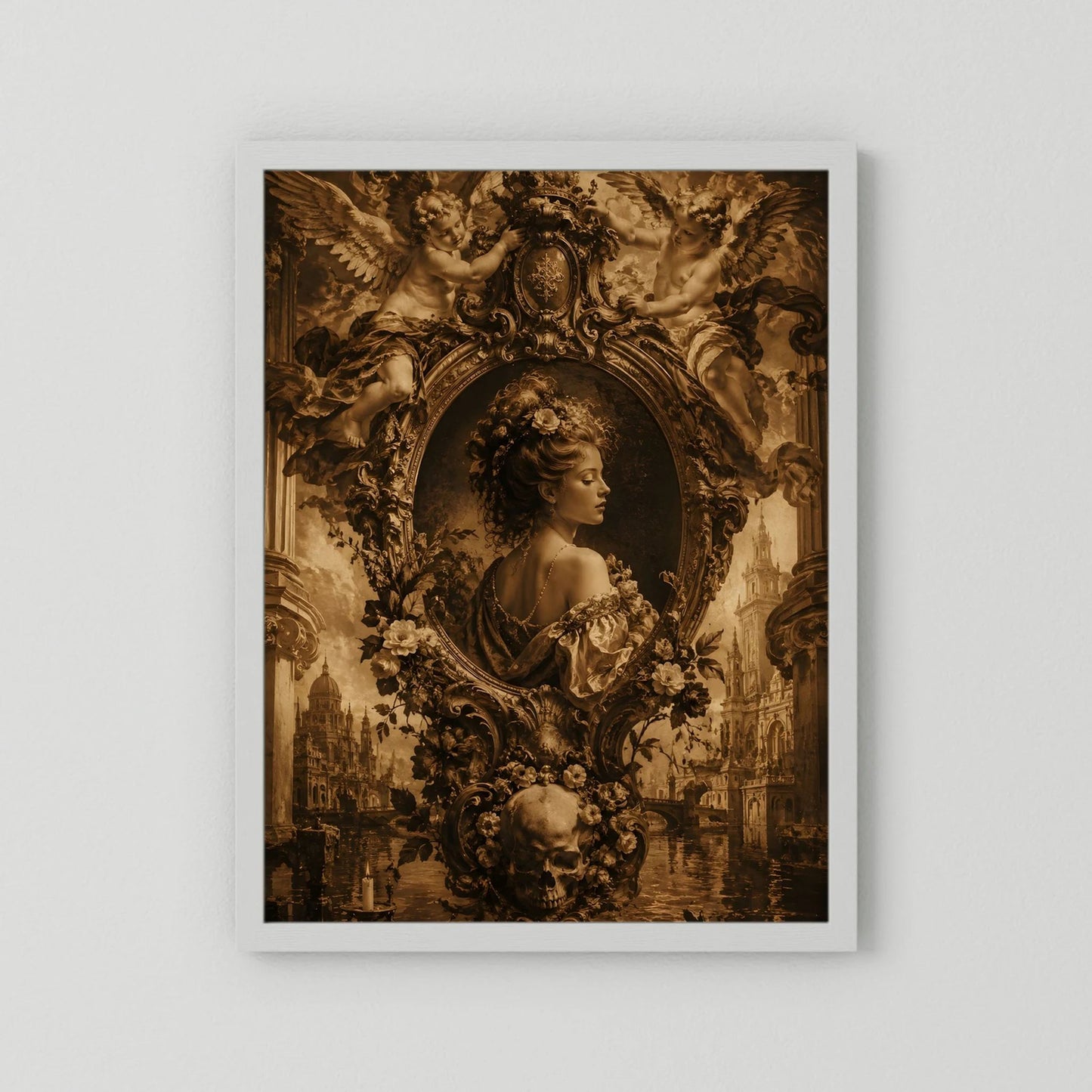 Gothic-Poster im Hochformat mit barocker Frau im Oval, Engelsfiguren und Blumen im dunklen Gold