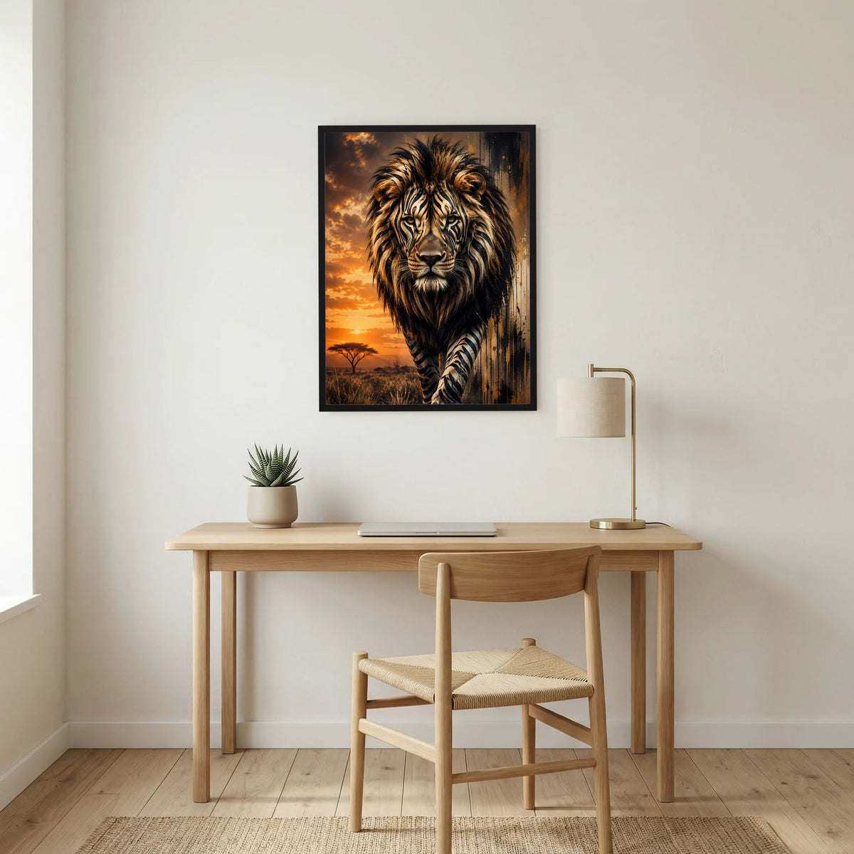 Löwenposter mit Zebramuster, schwarzer Rahmen